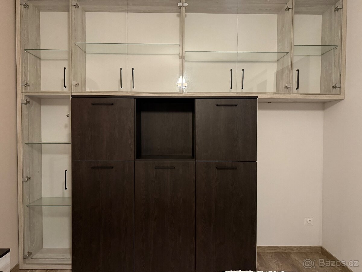 Moderní vitrína / skříň – kombinace tmavého dřeva a skla