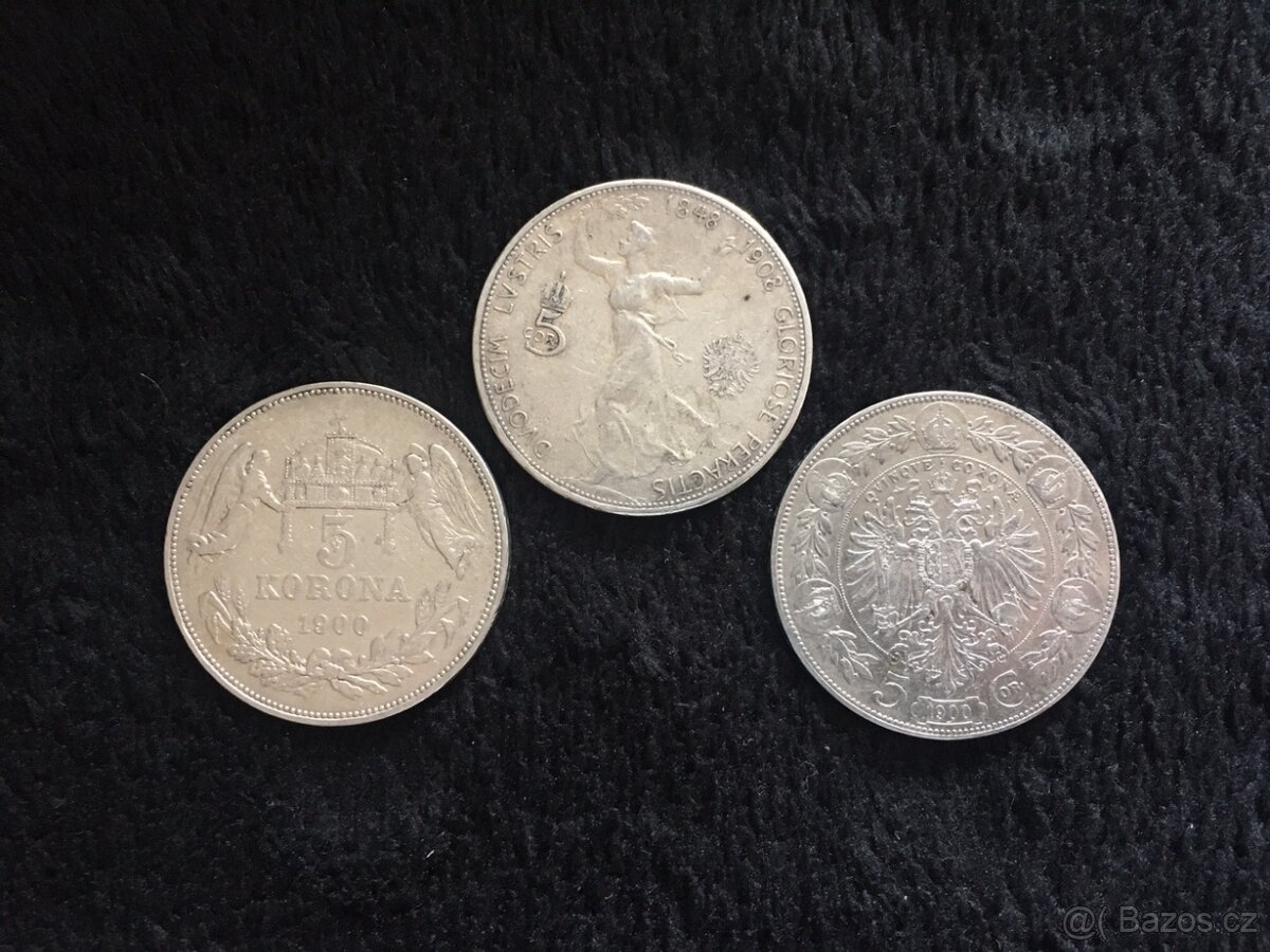 3 kusy 5 korun Rakousko Uhersko, stříbrné mince 1900 a 1909