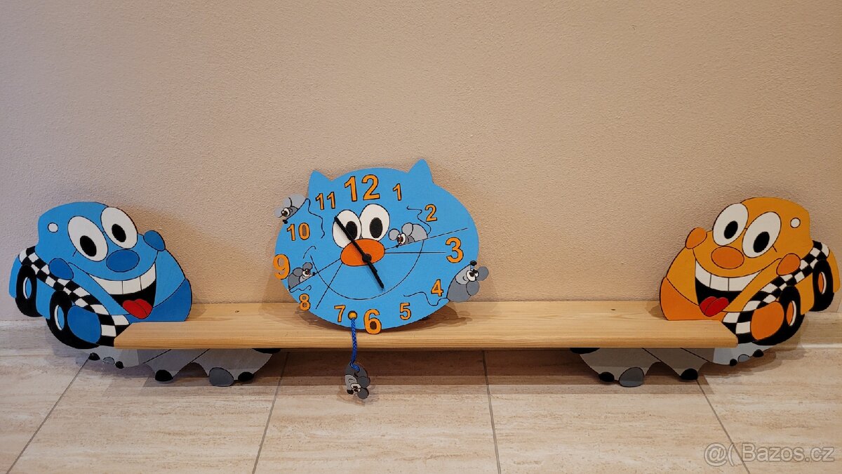 Dětské hodiny kočka + dětská police autíčka