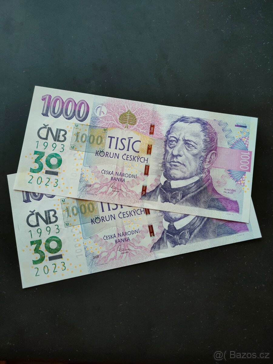 Bankovky 1000 Kč s přítiskem 30 let ČNB