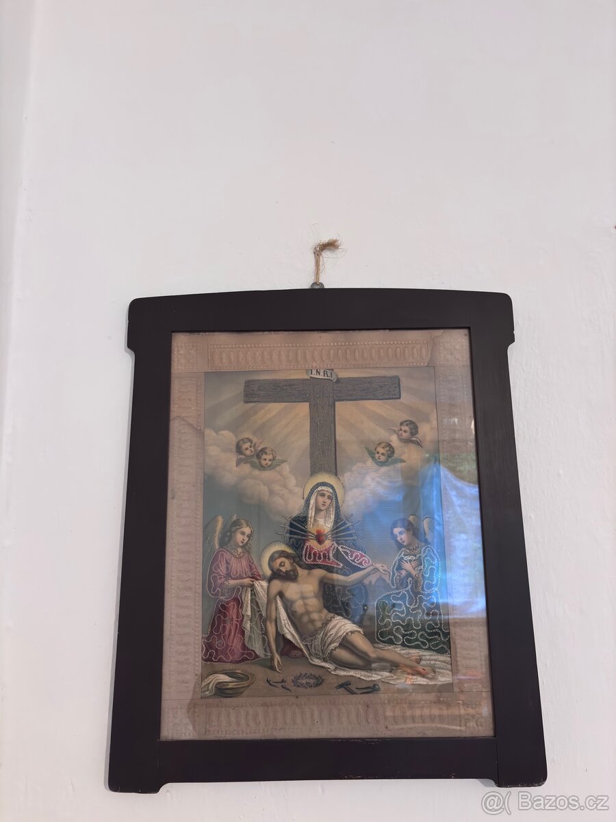 Starožitný obraz Ježíše a Marie s vyšívanými prvky