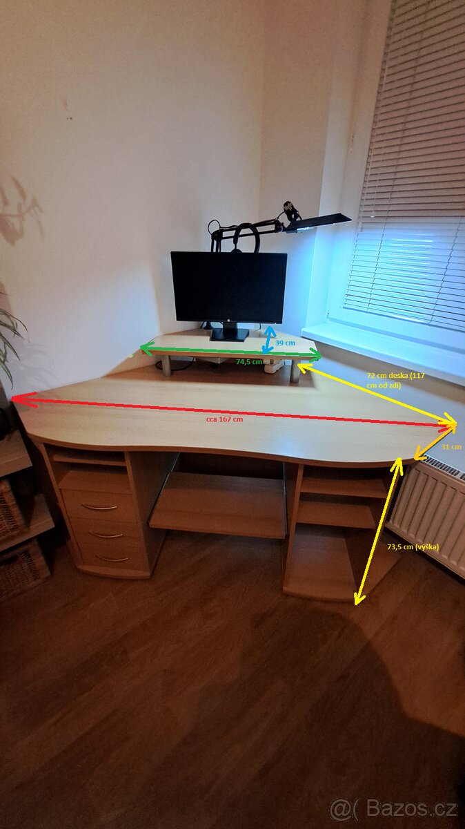 Rohový stůl s 3 šuplíky a poličkou na monitor