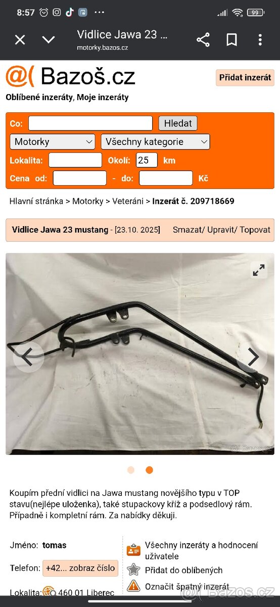 Koupím podsedlový rám Jawa 23