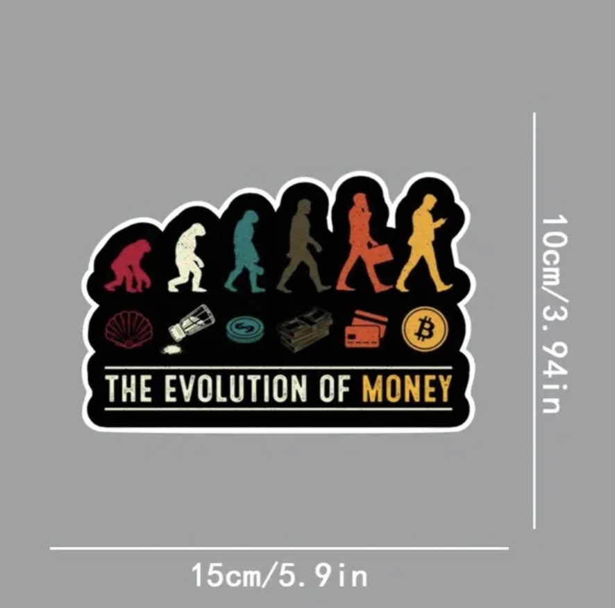 EVOLUCE PENĚZ - ƁITCOIN - voděodolná samolepka na auto