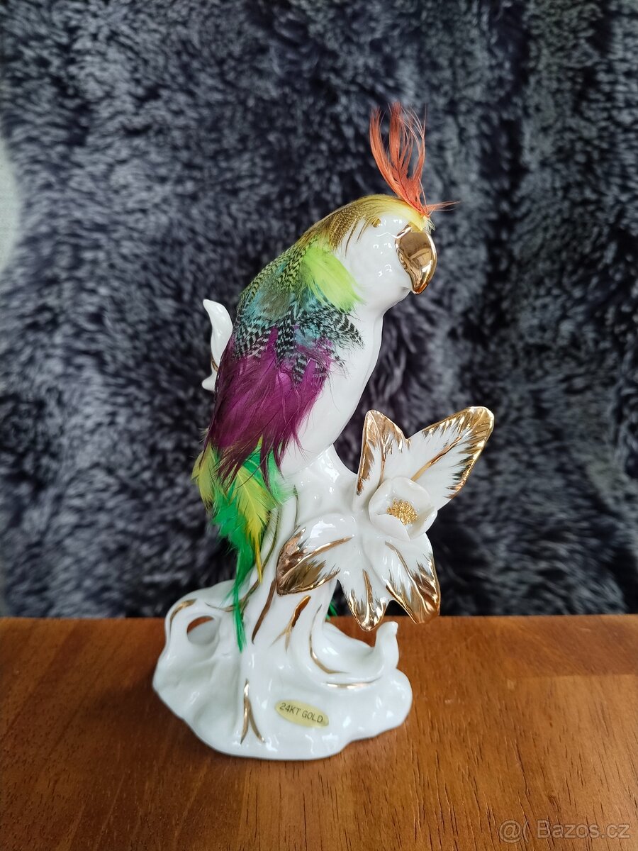 Porcelánový papoušek se zlatem