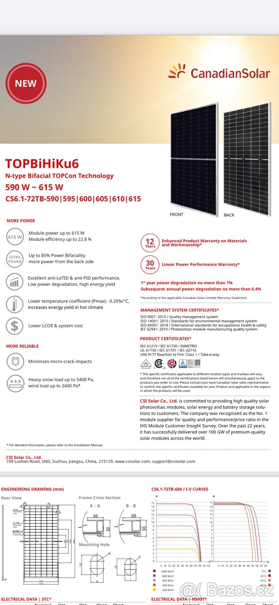 Solární panel canadian 600W bifacial silver frame
