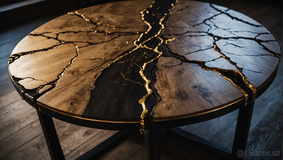 Stůl ve stylu kintsugi (dřevo+epoxid)