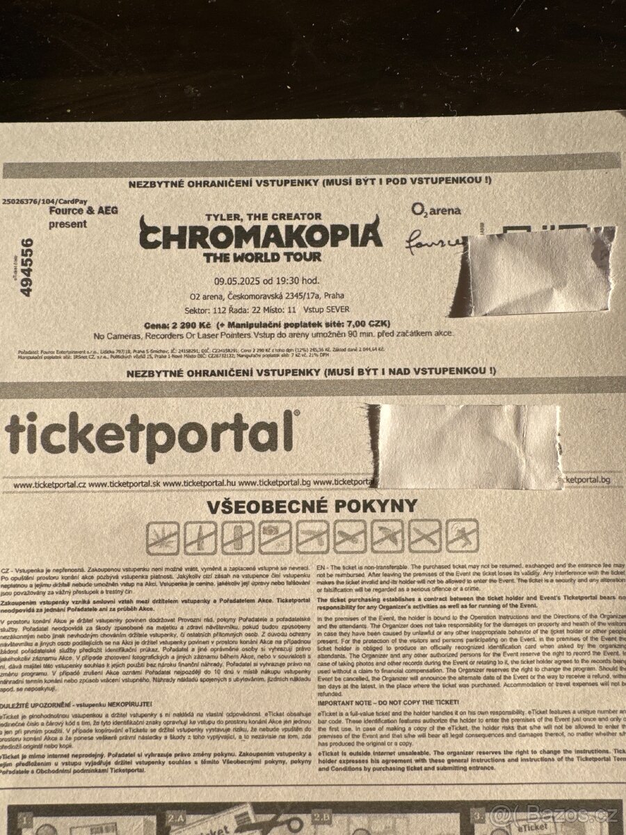 Prodám vstupenky na Tyler The Creator Chromakopia