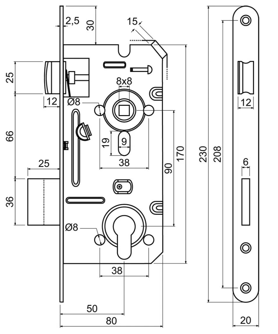 Zadlabací zámek - pro cylindrickou vložku 90/50/20