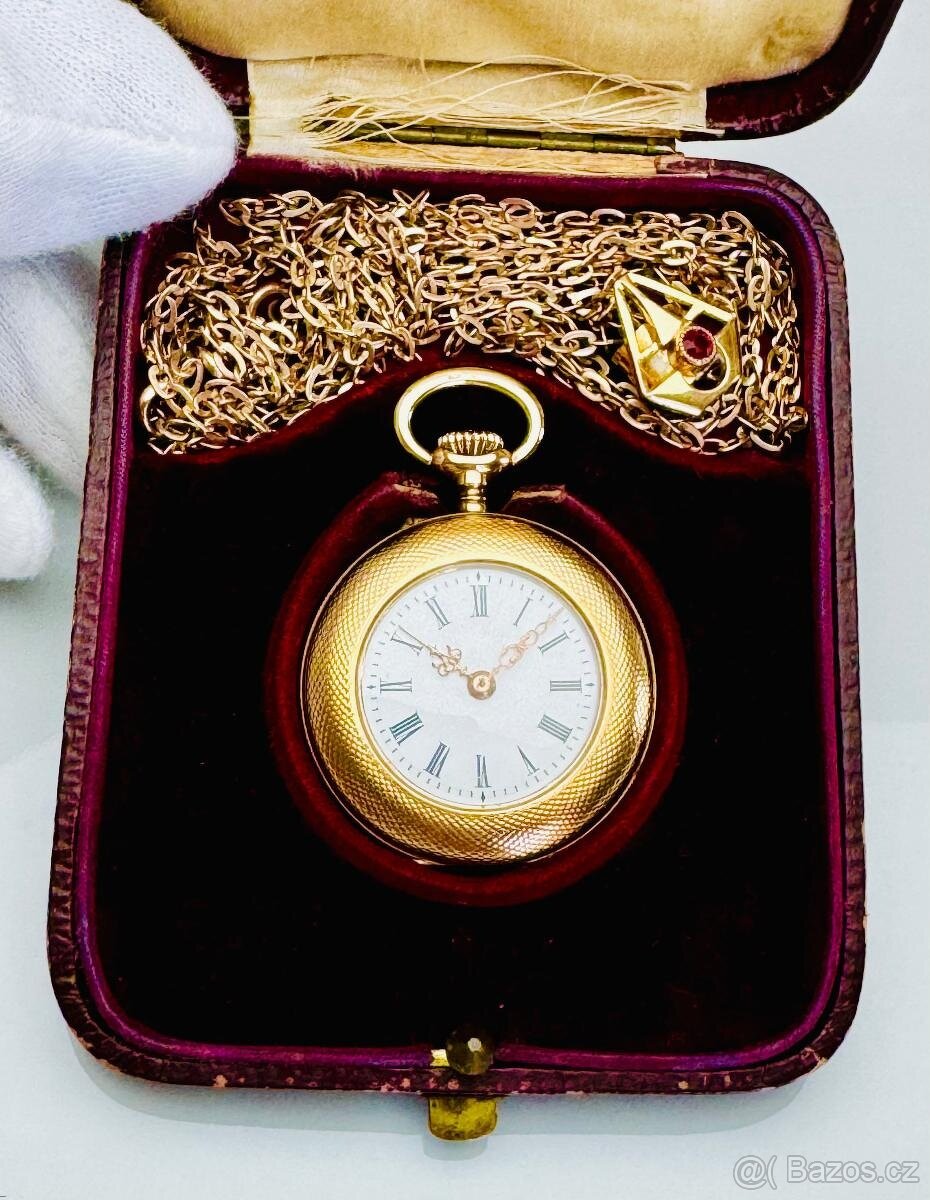 14K CELO ZLATÉ KAPESNÍ HODINKY JOSEF JÄGER WIEN V ETUI S ŘET
