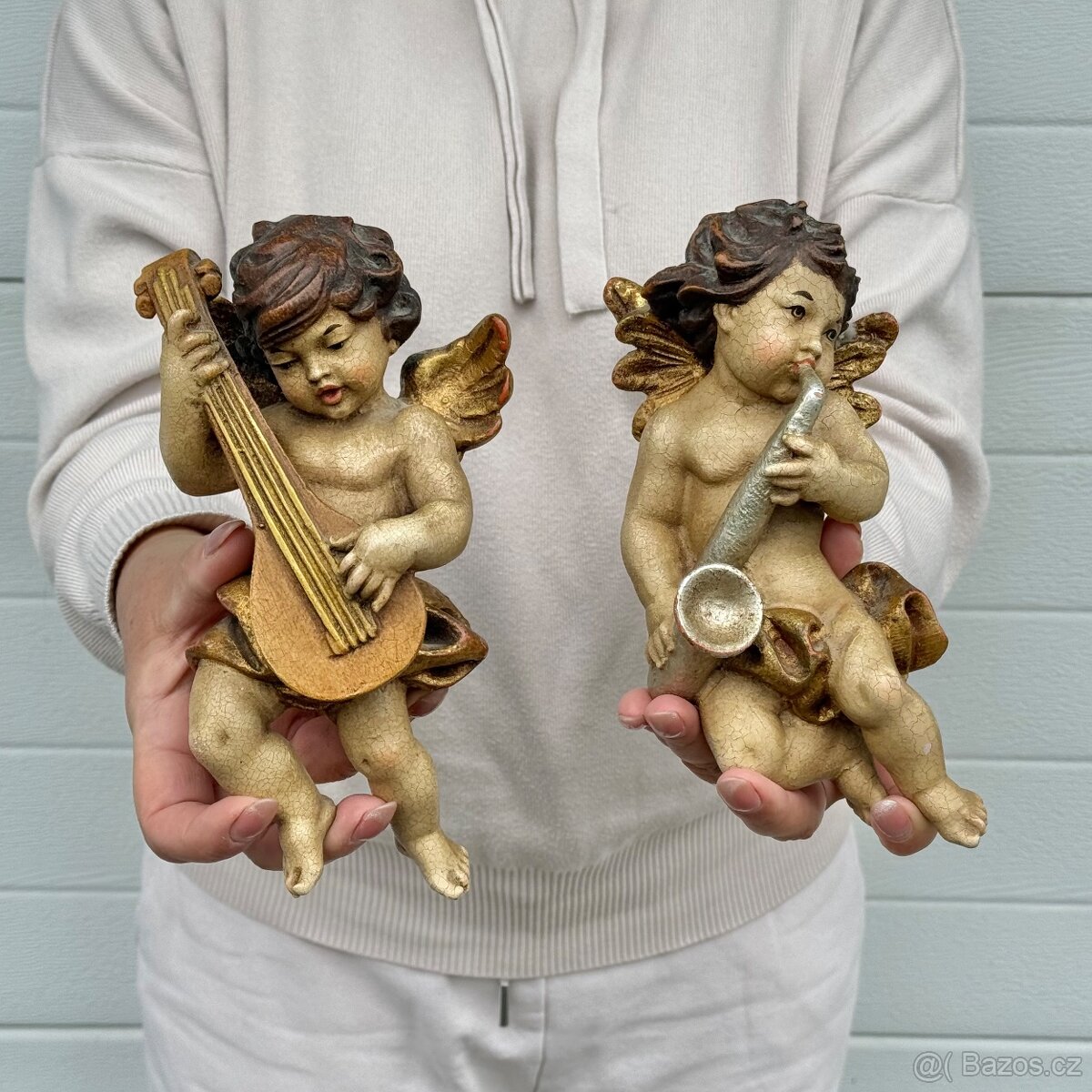 2x socha dřevěný anděl polychromie zlaceno 3 900 Kč