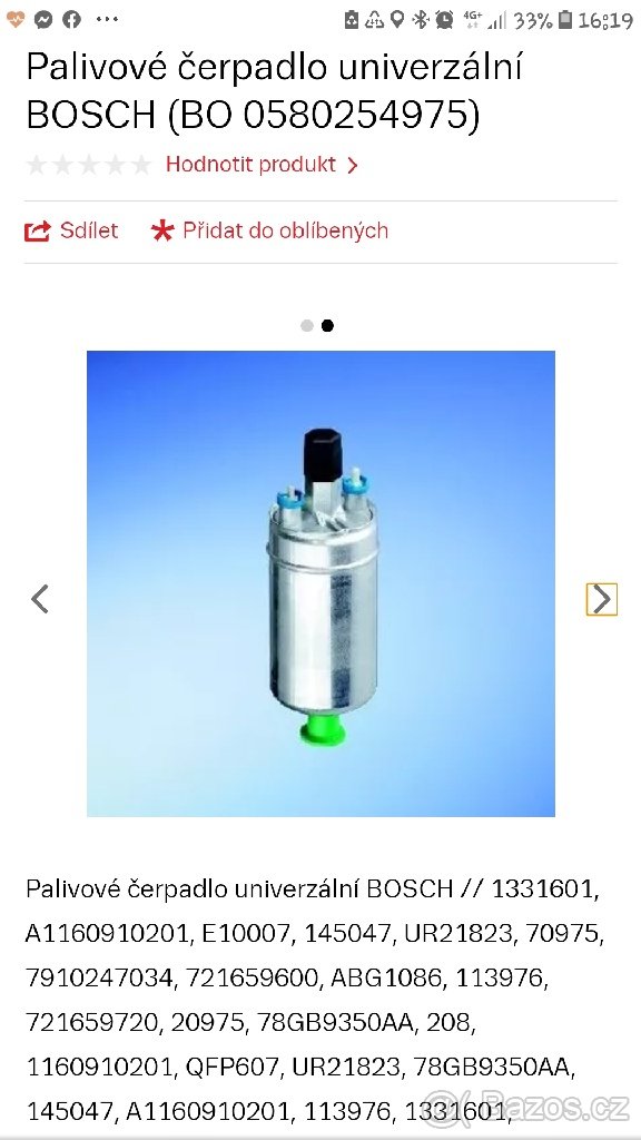 Palivové čerpadlo BOSCH 0580254975, 12V univerzalni