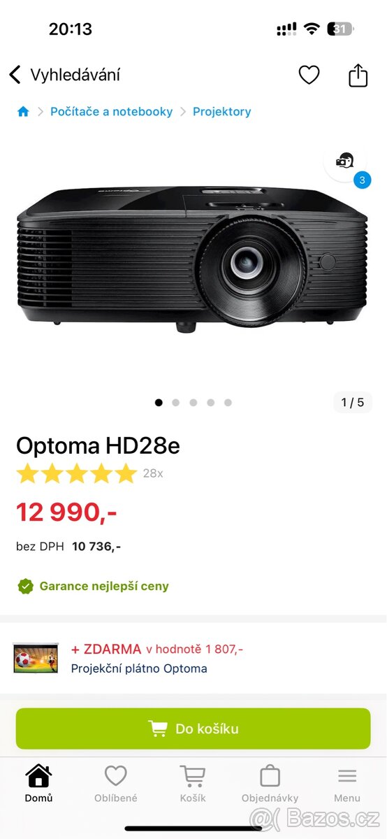 Projektor Optoma HD28e + plátno