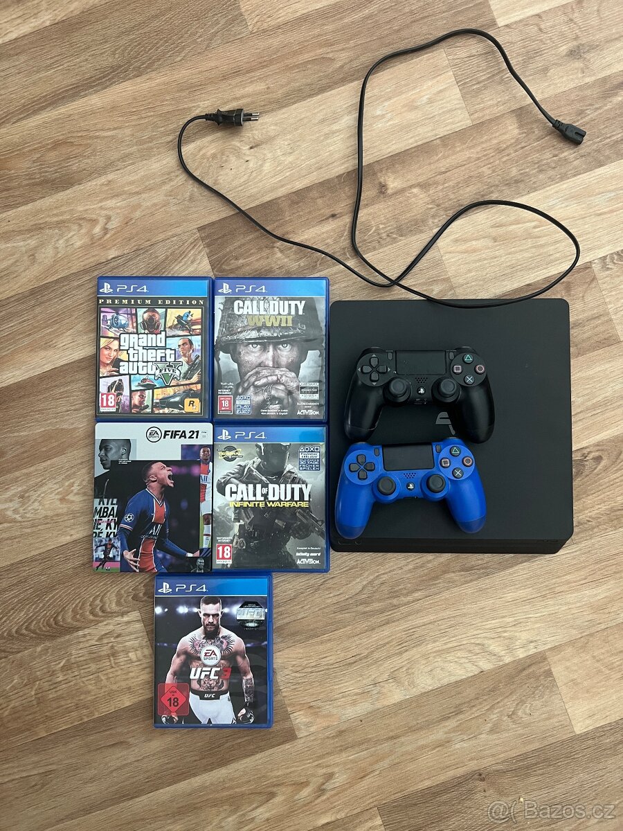 PS4 slim 500 GB + ovladače + hry