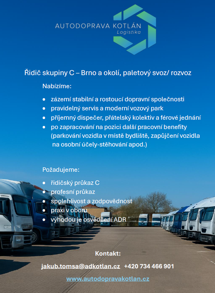 Řidič C – Brno a okolí | paletový svoz/rozvoz, moderní vozy