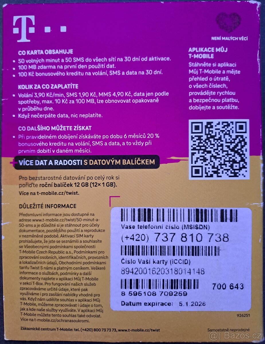 SIM karta s číslem 737 810 738