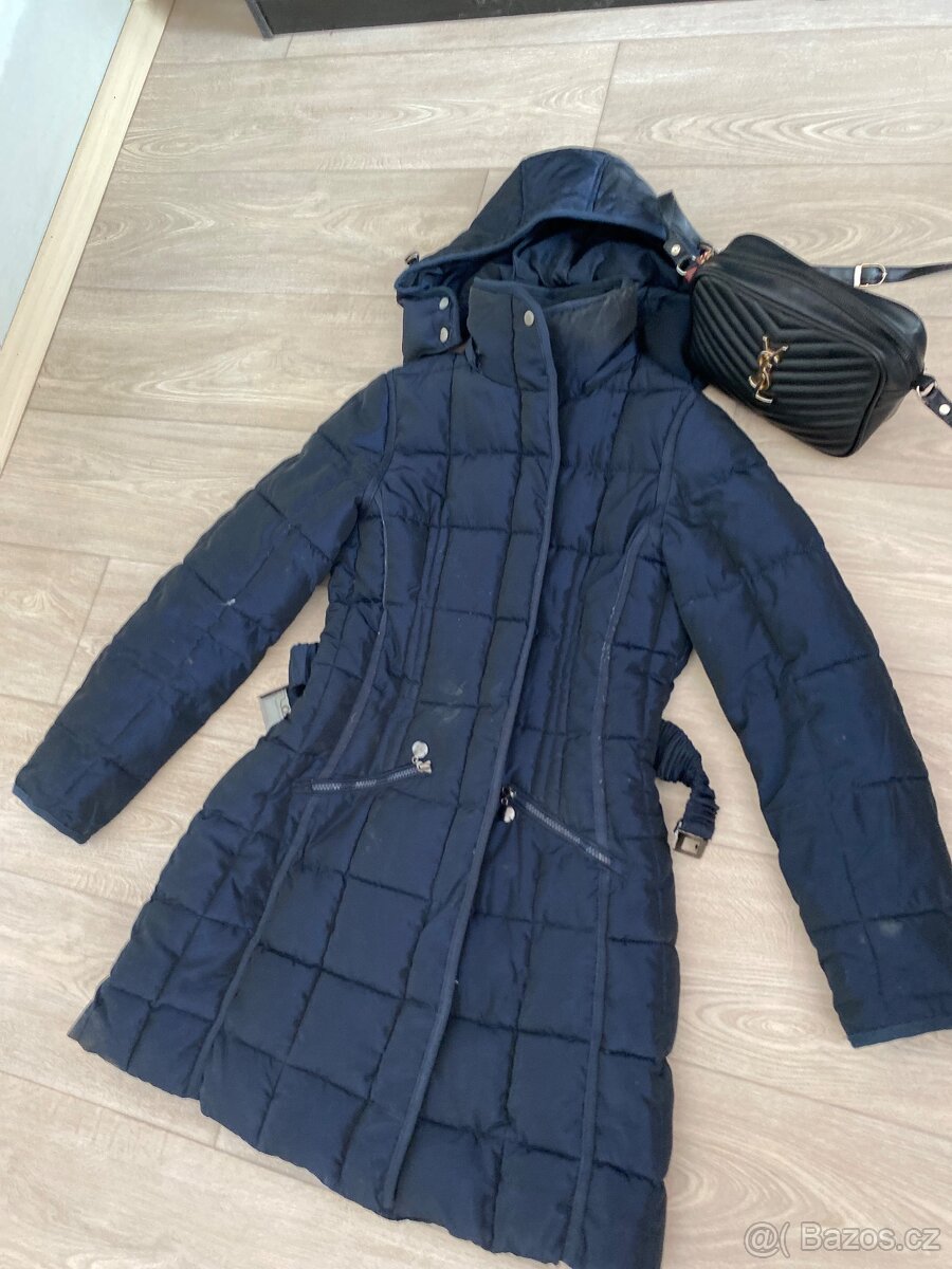 Zara perovy kabat prosívány modry dlouhy 38