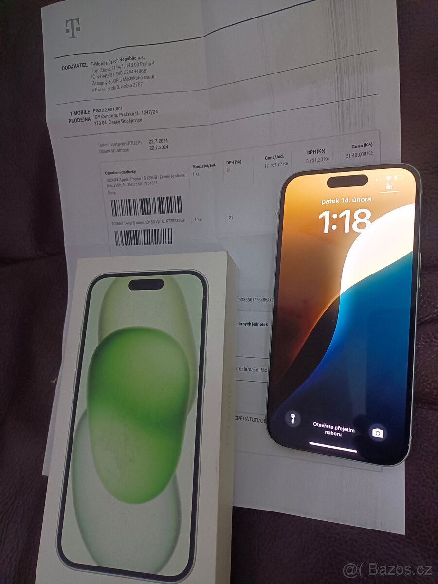 iPhone 15, doklad, záruka, krabička, ZÁNOVNÍ, TOP STAV