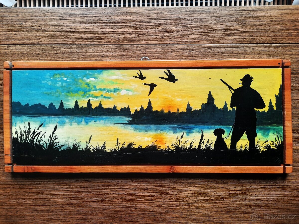 obraz myslivecký malovaný 50x20x1,5 cm