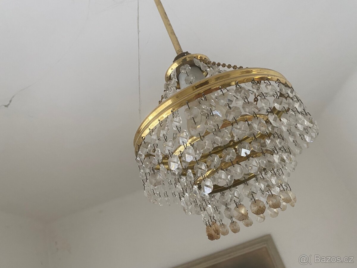 Lustr / Svítidlo / Lampa Retro sklo, mosaz, dřevo