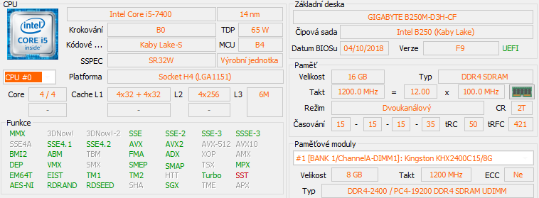GIGABYTE B250M-D3H + i5-7400 + 16GB (2 x Kingston KHX2400C15