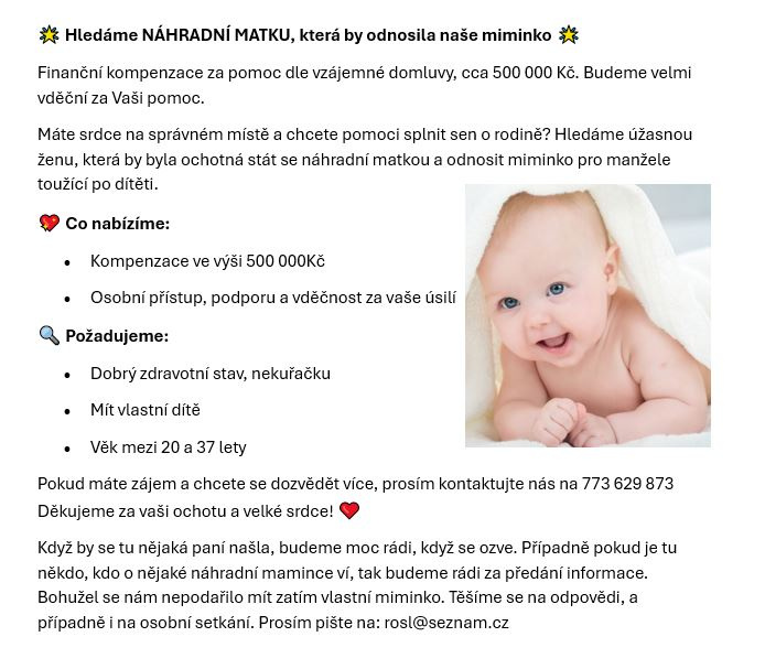 Hledáme NÁHRADNÍ MATKU, která by odnosila naše miminko