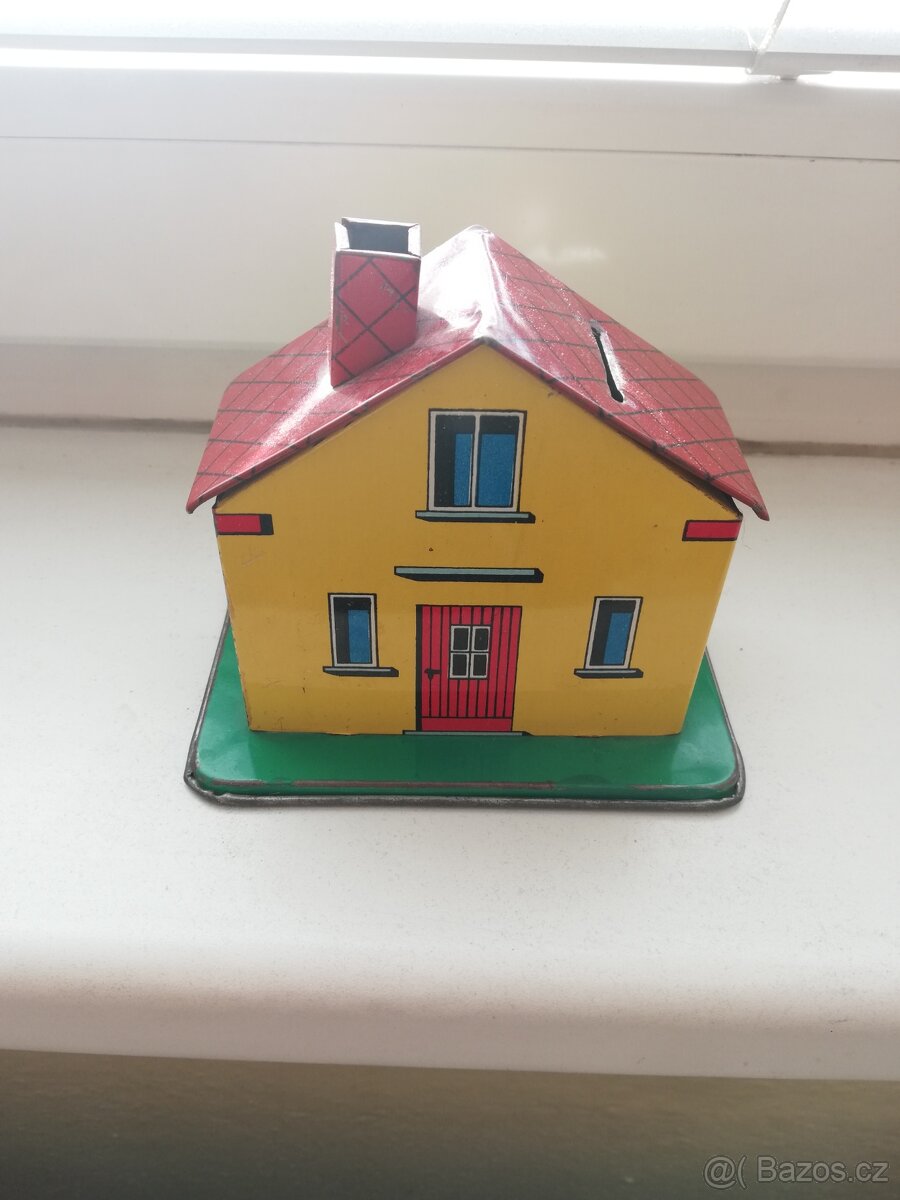 retro dětská plechová pokladnička - dům - pro sběratele