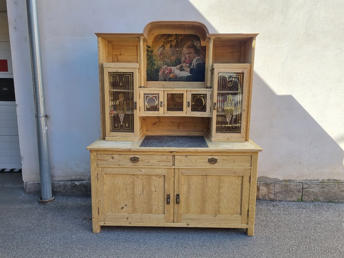 LUXUSNÍ VELKÁ KREDENC-MALBA NA PLATNĚ-VŠE PŮVODNÍ