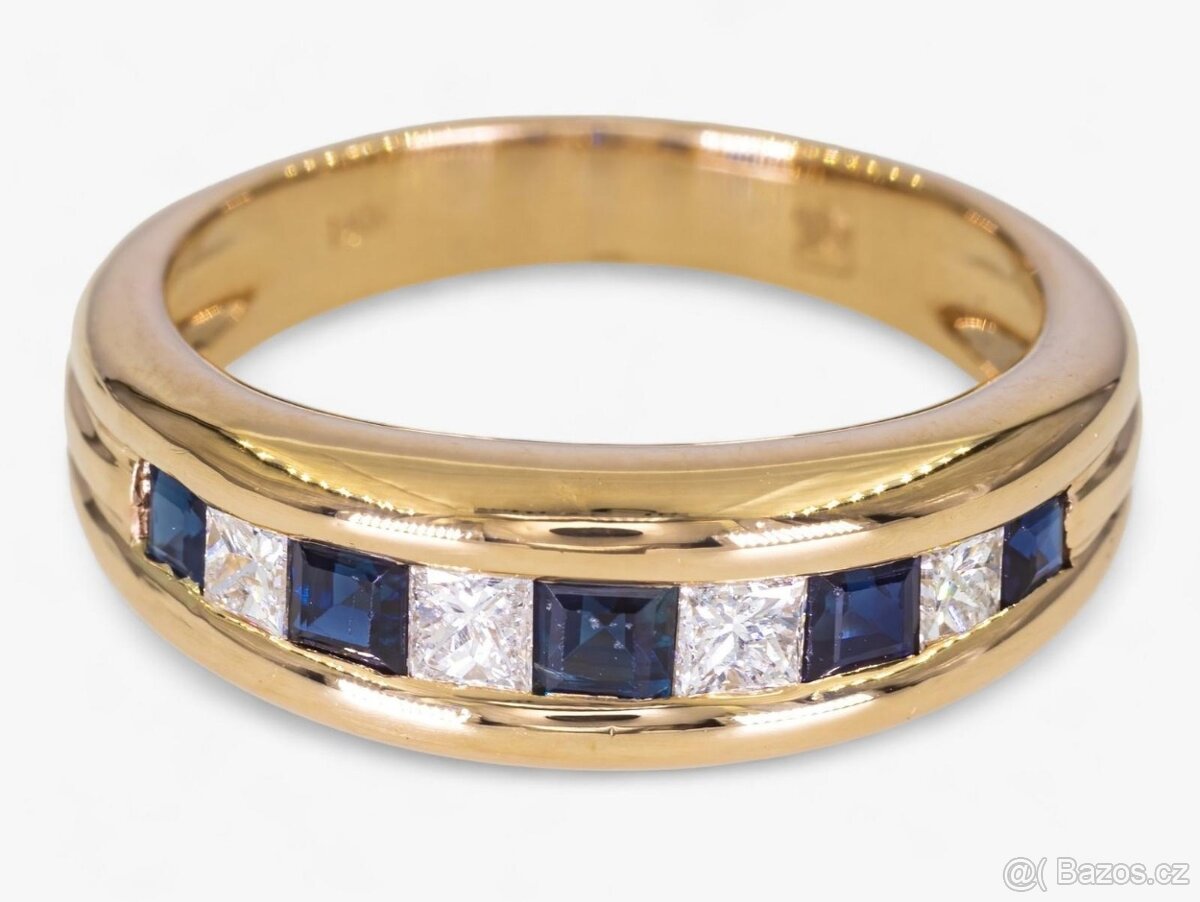 14K prsten s diamanty a safíry 0,75ct - Certifikát IGI