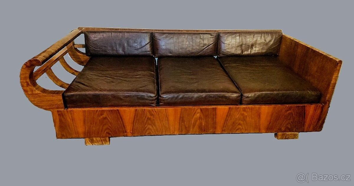 TOP designový gauč - ART DECO - Halabala - ořech, kůže - [9.