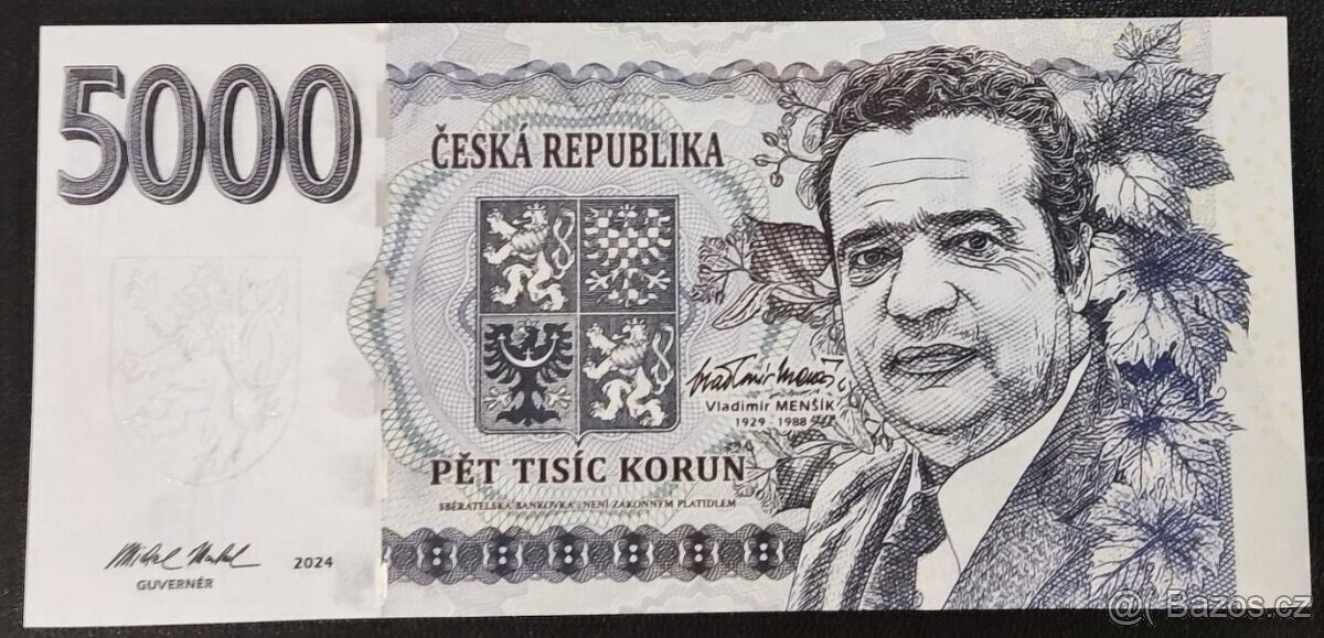 5000 korun, Vladimír Menšík, UNC, F. Medina, emise 150 kusů
