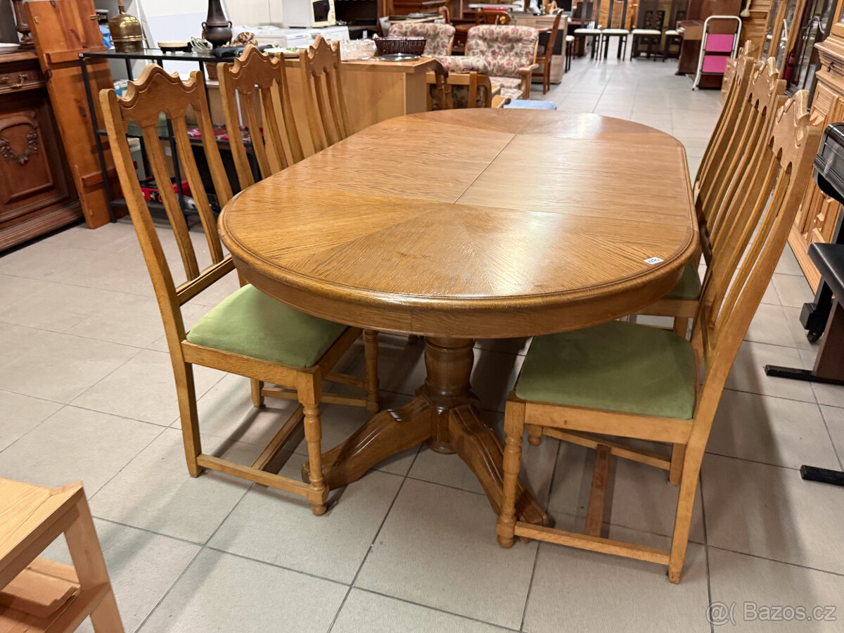 třikrát set dubový stůl se šesti židlemi