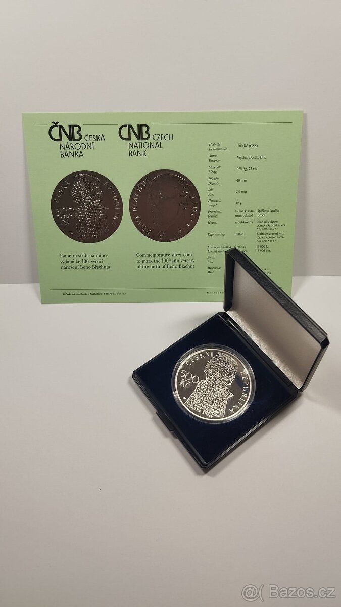 Stříbrná pamětní mince 500Kč 2013 Beno Blachut PROOF