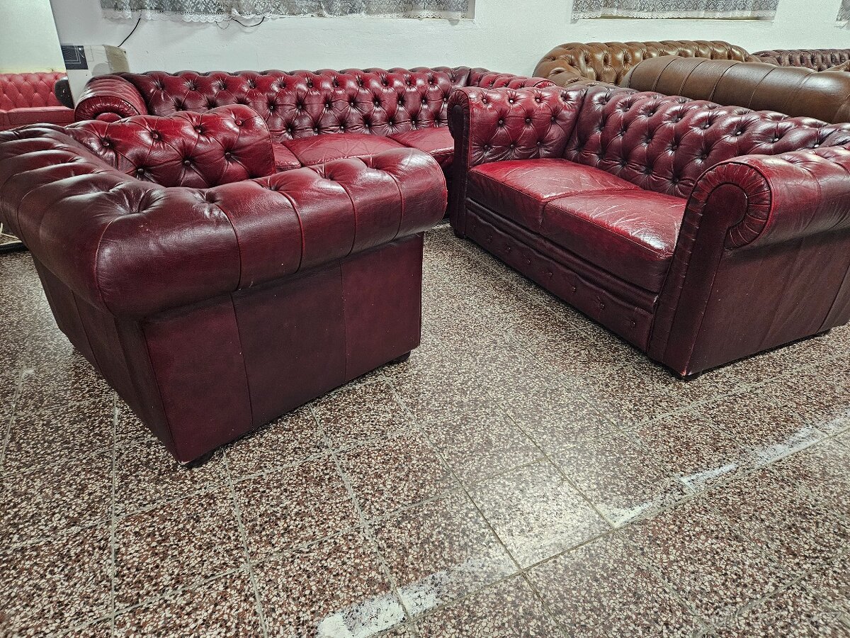 CHESTERFIELD ŠTÝL,BORDOVO-ČERVENÁ KOŽENÁ SEDAČKA 3+2+1