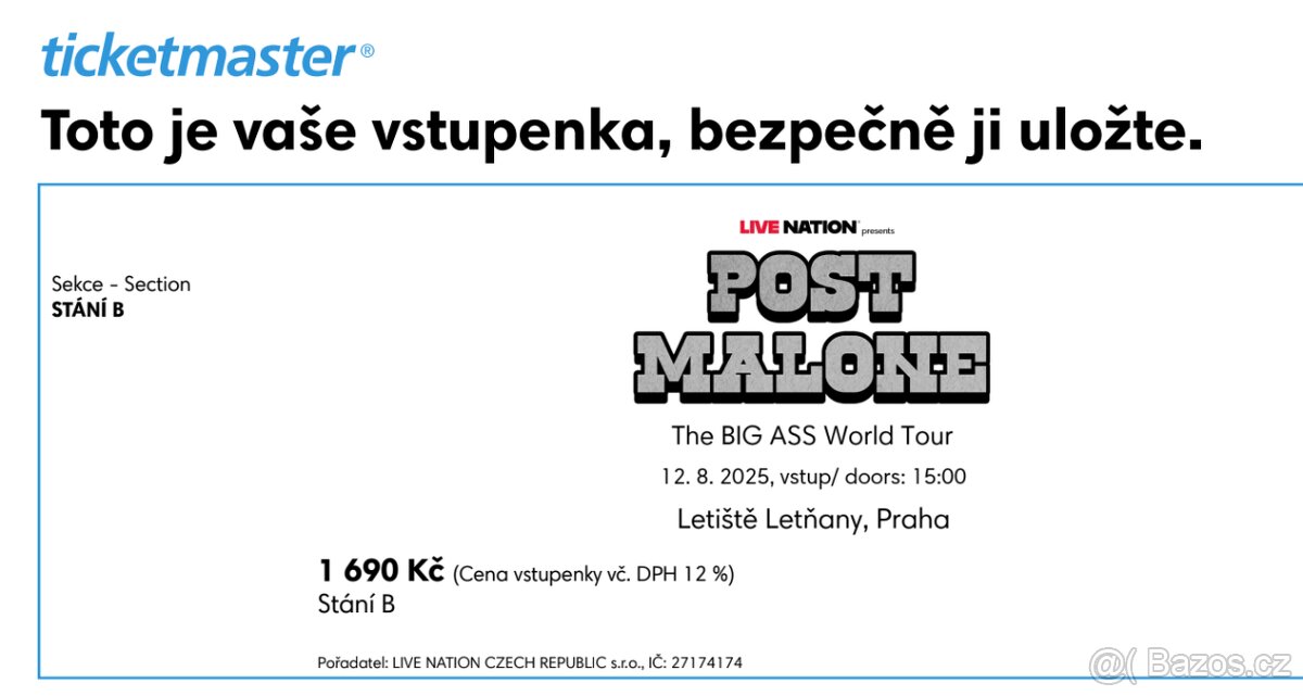 2x Post Malone The BIG ASS WORLD World Tour Praha 12.08.2025