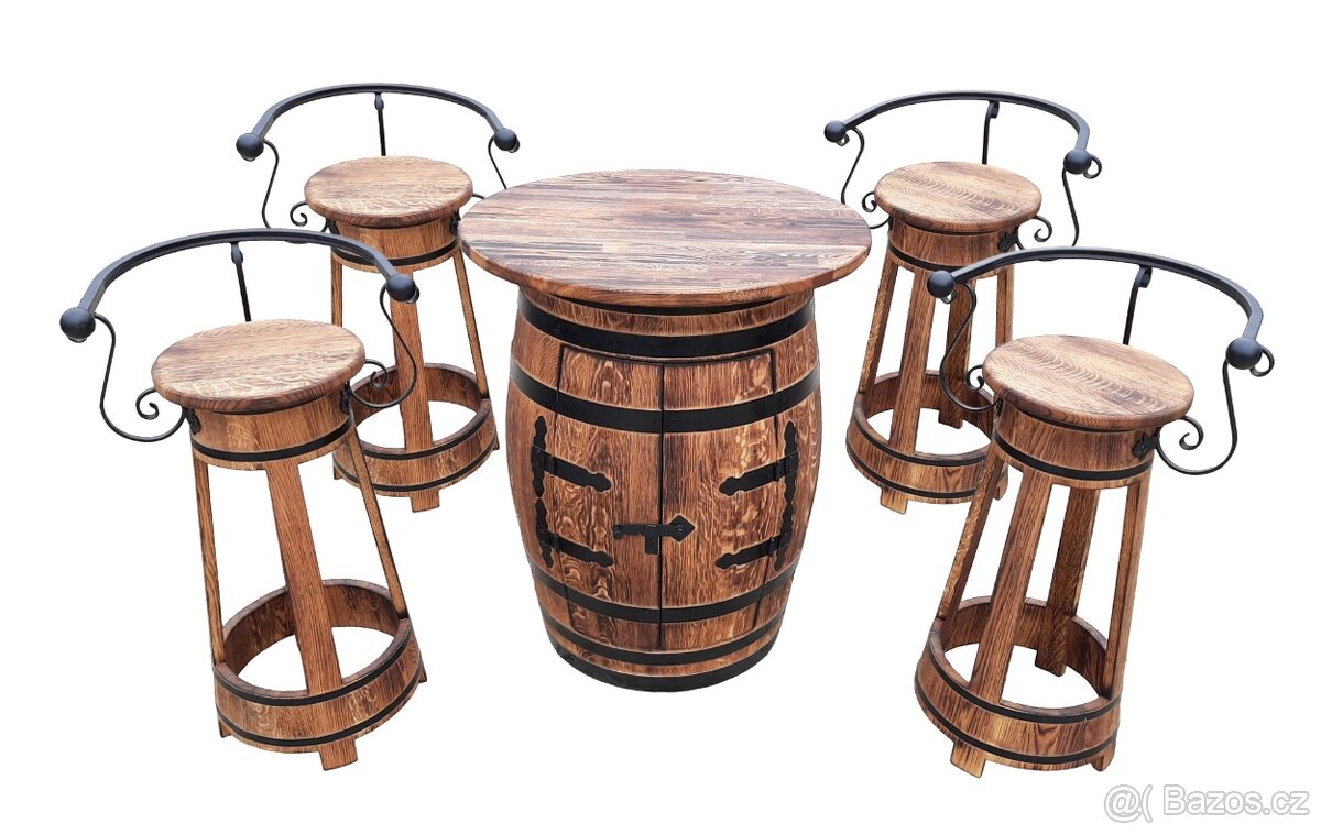 Stůl ze sudu + židle s kovanou opěrkou