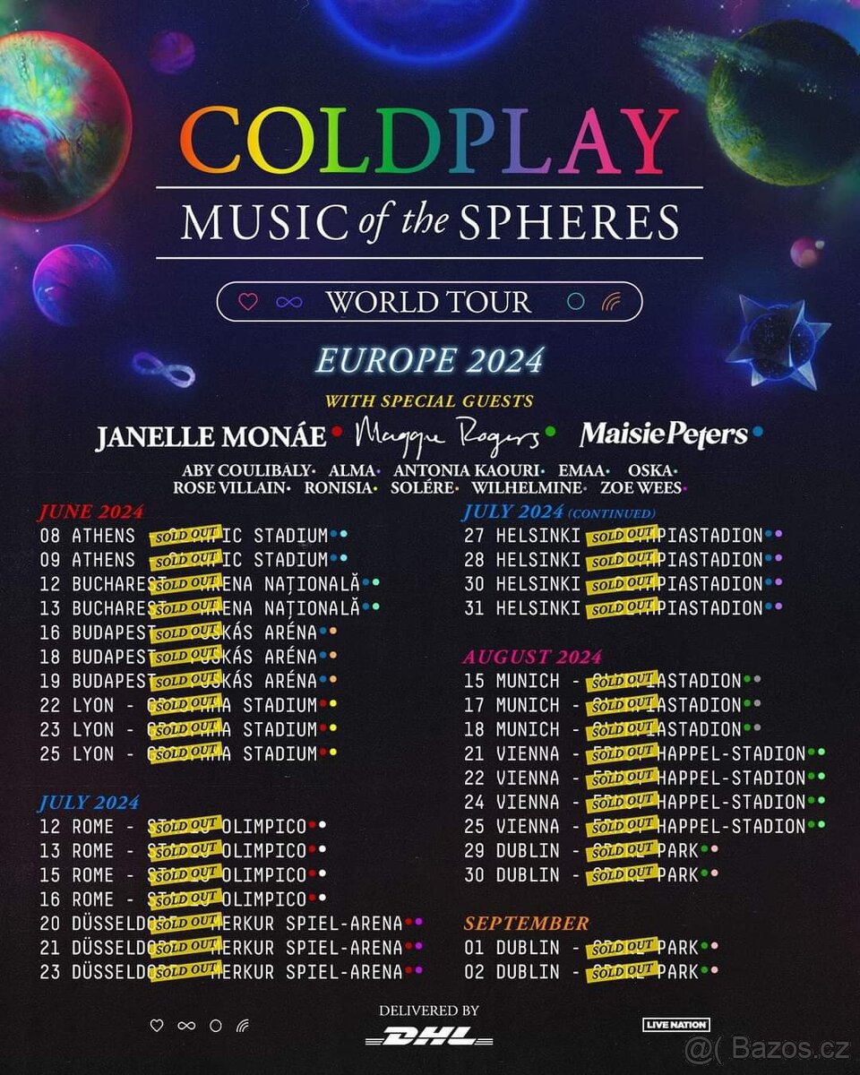 Prodám lístky na Coldplay 24.8.2024 ve Vídni