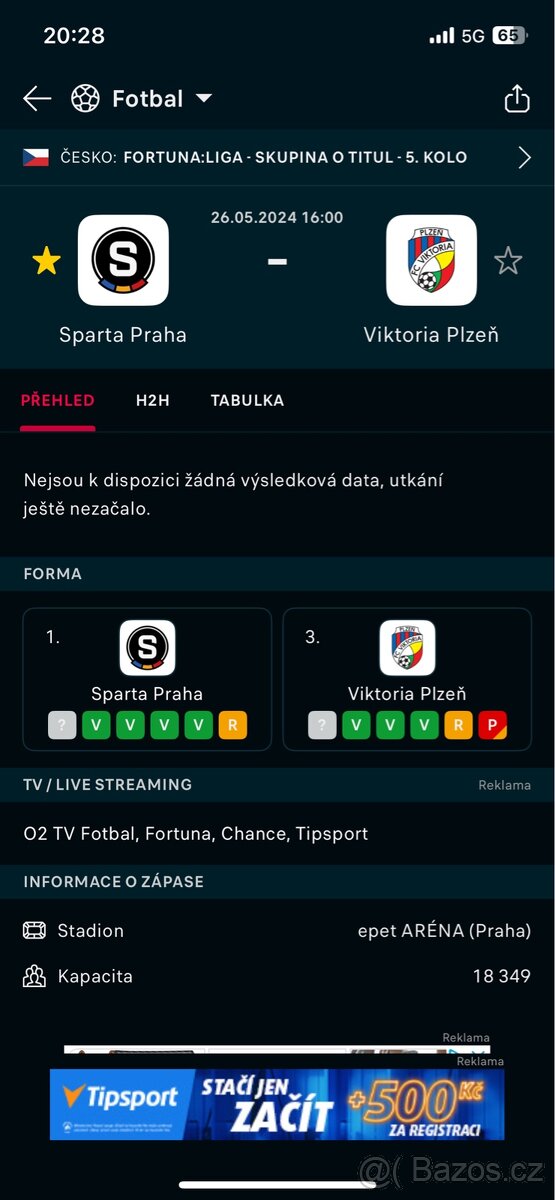 Koupím 2 lístky na zápas AC Sparta Praha-Plzeň