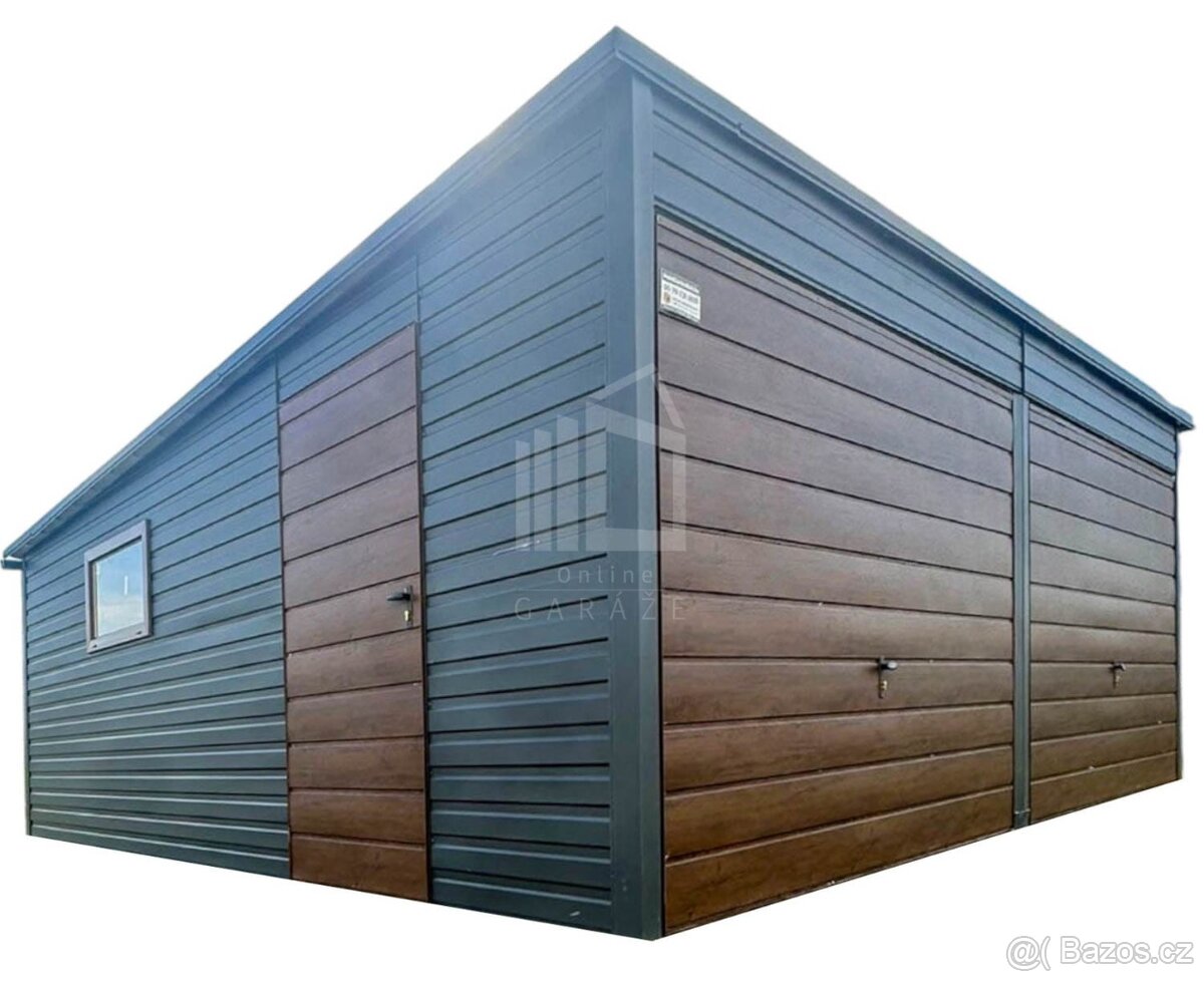 Plechova garáž 6x6m - 2x výklopná vrata - dveře - Okno