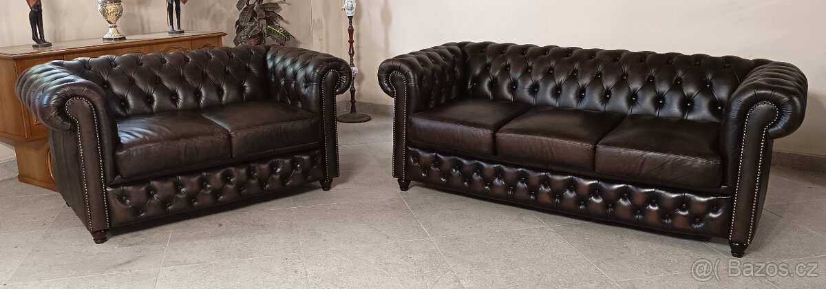 Kožená, Chesterfield sedací souprava 3+2.