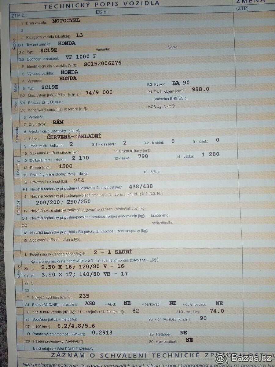 Honda vf1000 f s doklady na opravu
