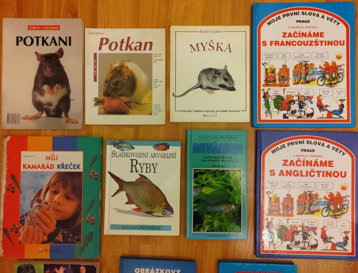 Knížky o chovu hlodavců a rybiček, učebnice jazyků, historie