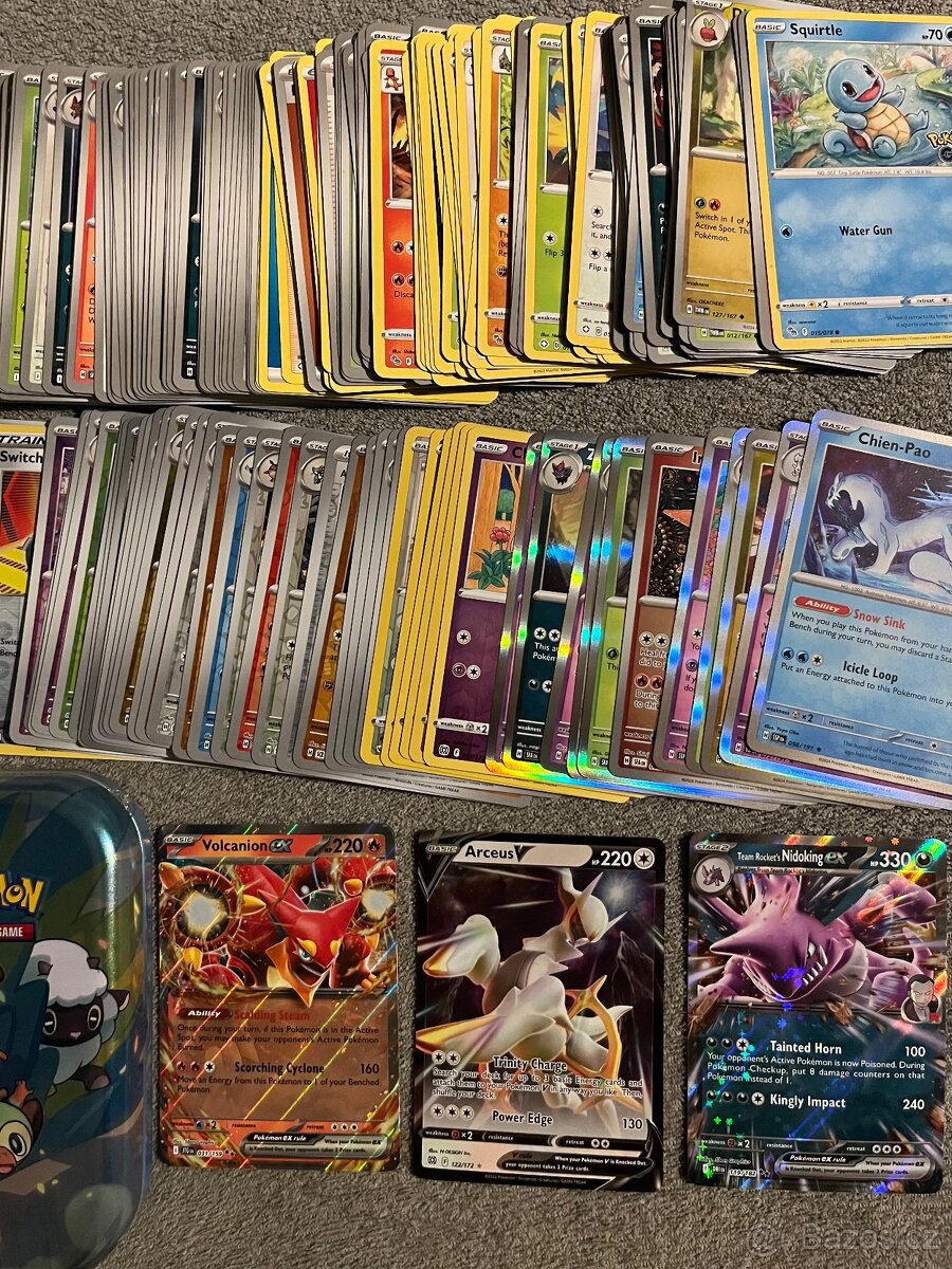 Pokémon karty (V Arceus, EX, holo/reverse holo)