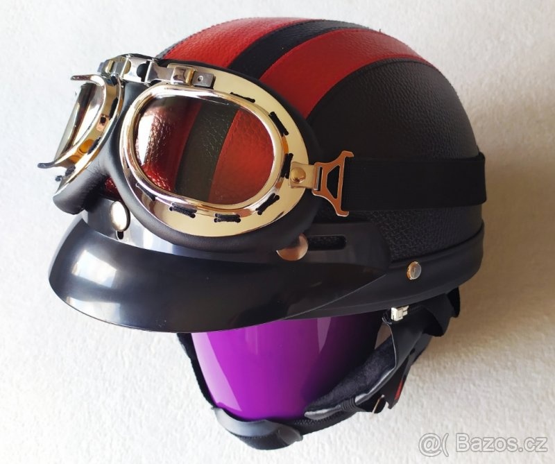 Retro helma černá- červené pruhy