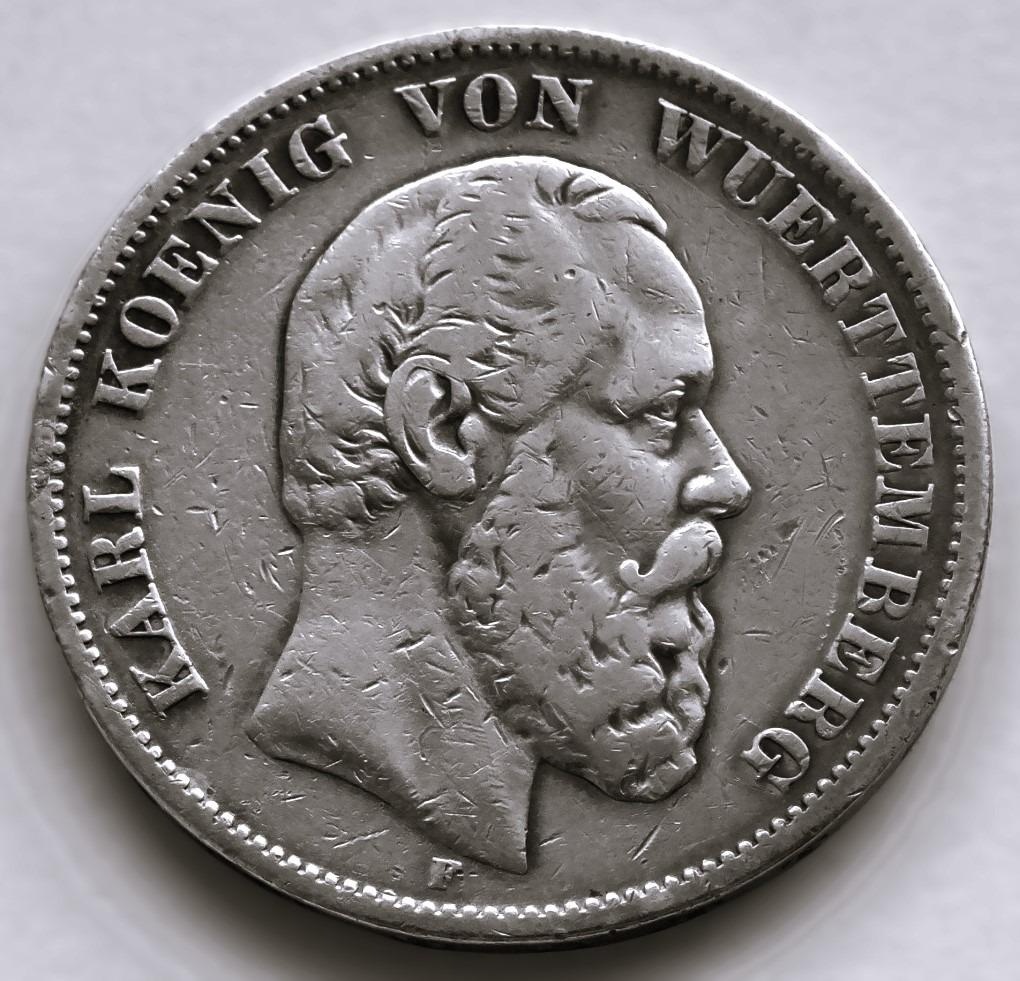 Německo, 5 marka, pamětní medaile, Karel, král Württemberský