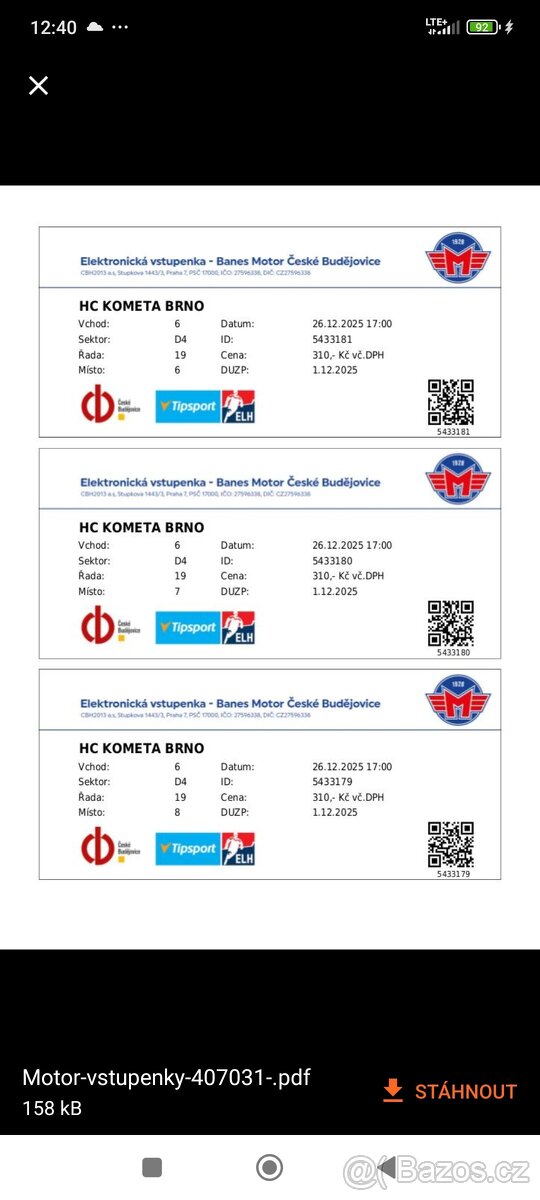 Prodej vstupenek na zápas Motor ČB vs Kometa Brno