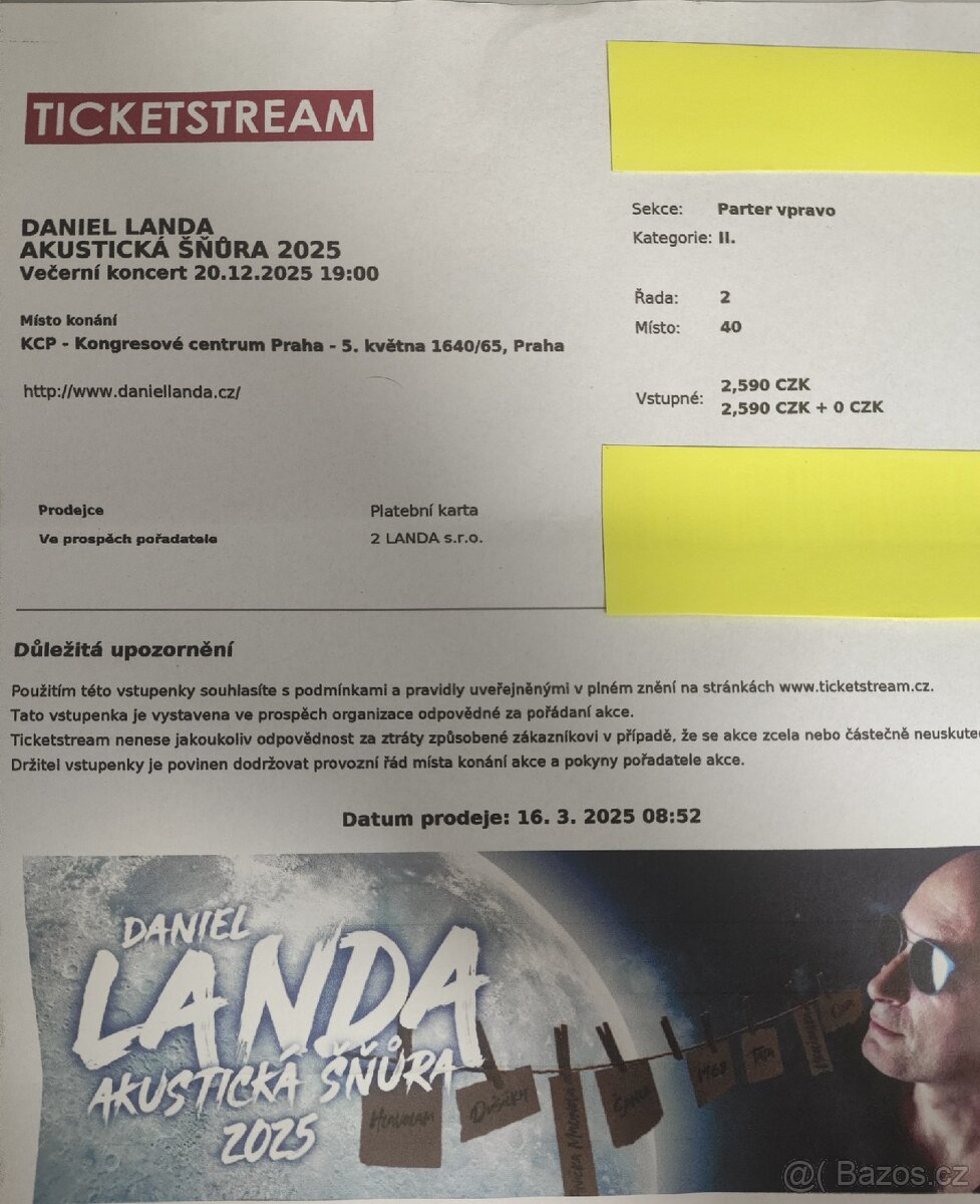 2 lístky Daniel Landa - 20.12. v 19h Praha