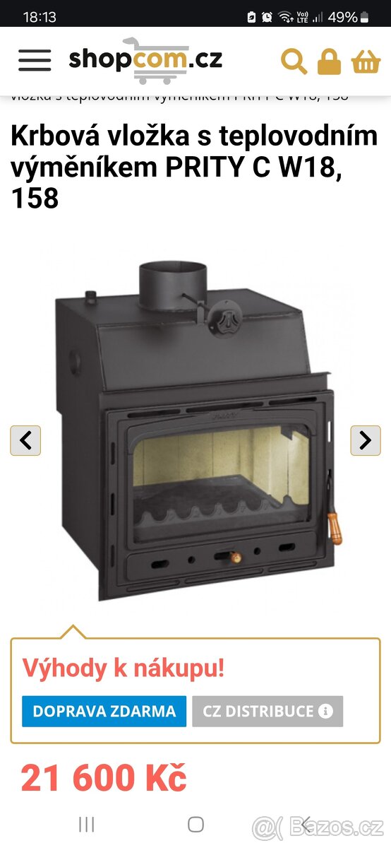 Krbová vložka s teplovodním výměníkem PRITY C W18