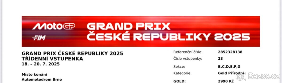 Vstupenka MOTO GP gold přírodní