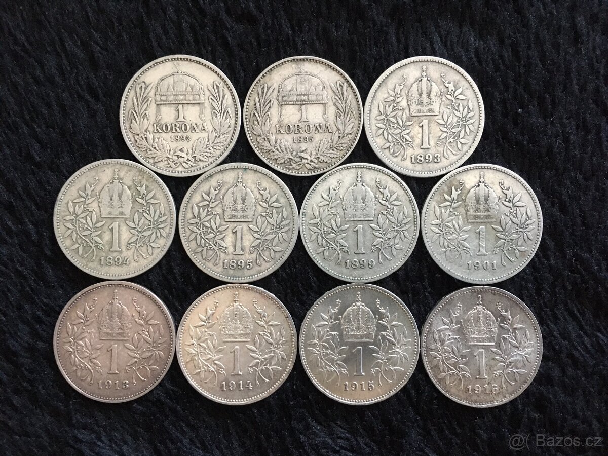 11 kusů 1 korun Rakousko Uhersko, každá mince jiná